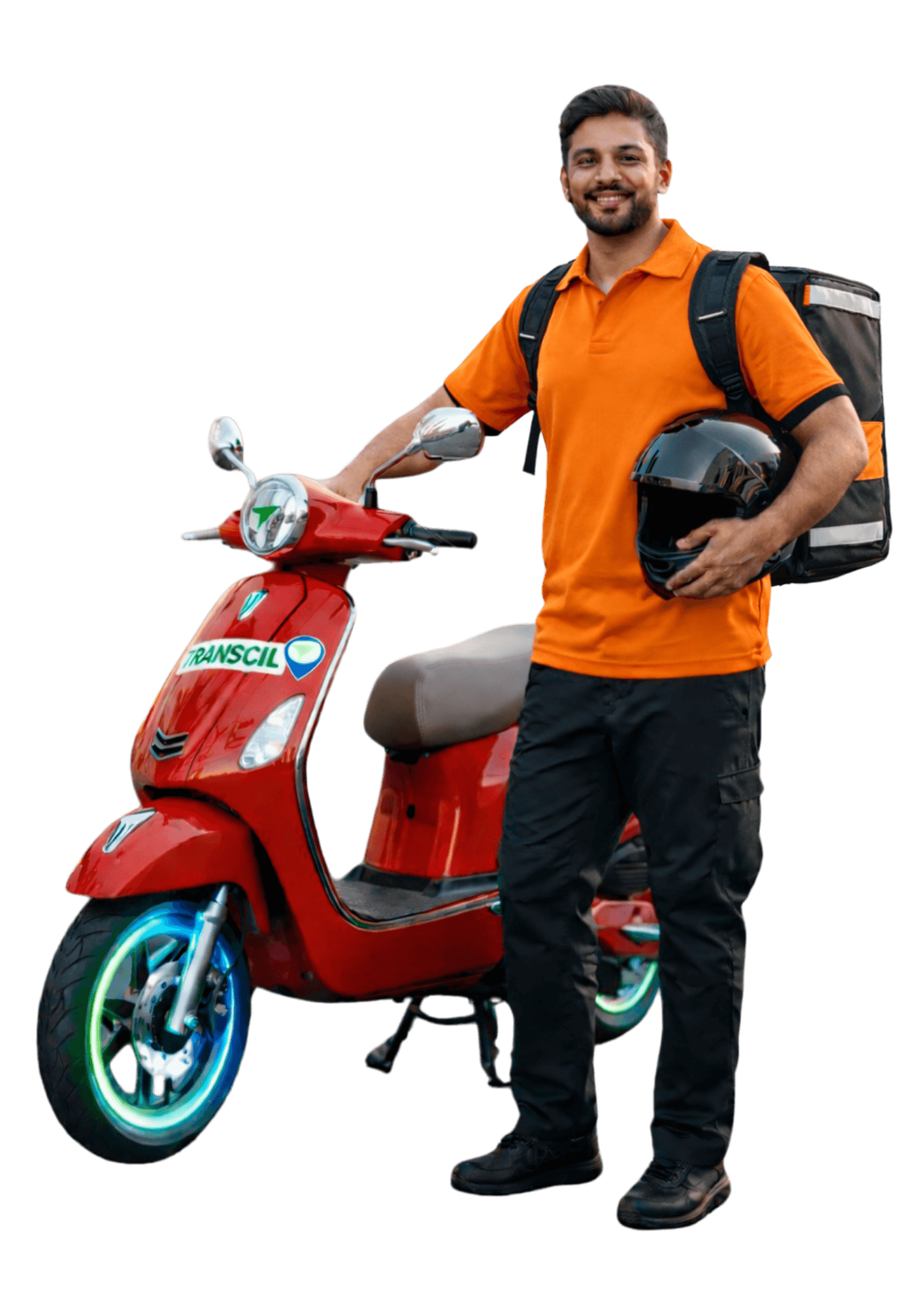 Transcil delivery rider with red electric two-wheeler