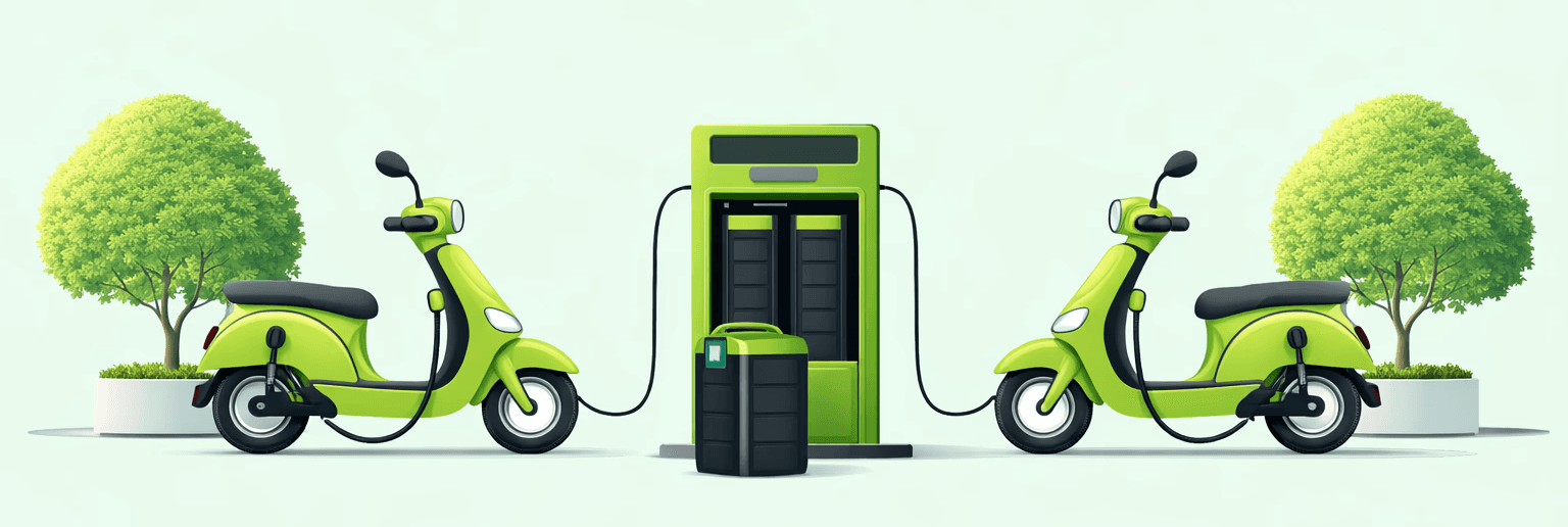 EV service hub with technicians maintaining a scooter, charging infrastructure, and fleet monitoring.